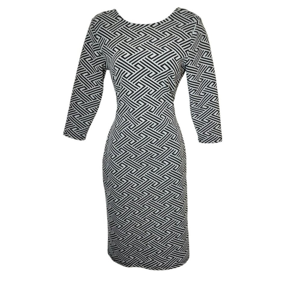 RD Style Dress S | Black White Geometric Print | Stretch 3/4 Sleeve